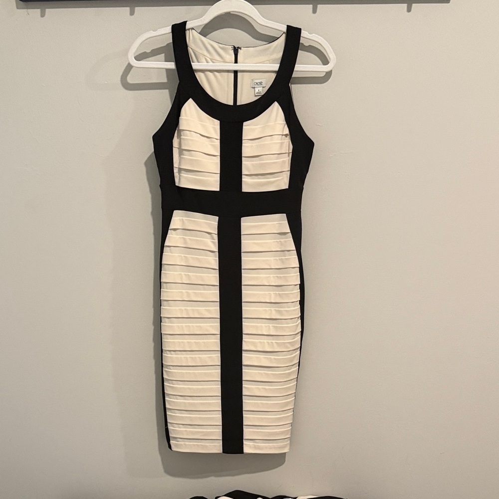 Cache Black and Cream Striped Midi Dress